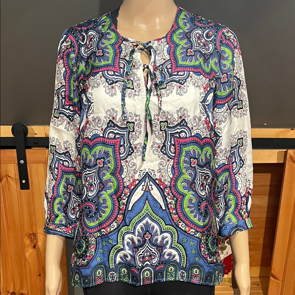 Talbots Blue and Green Paisley Blouse 100% Silk